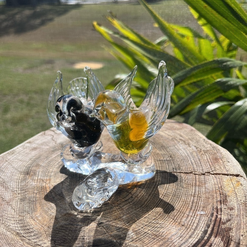 Murano Dove Birds Amber and Black on branch vintage